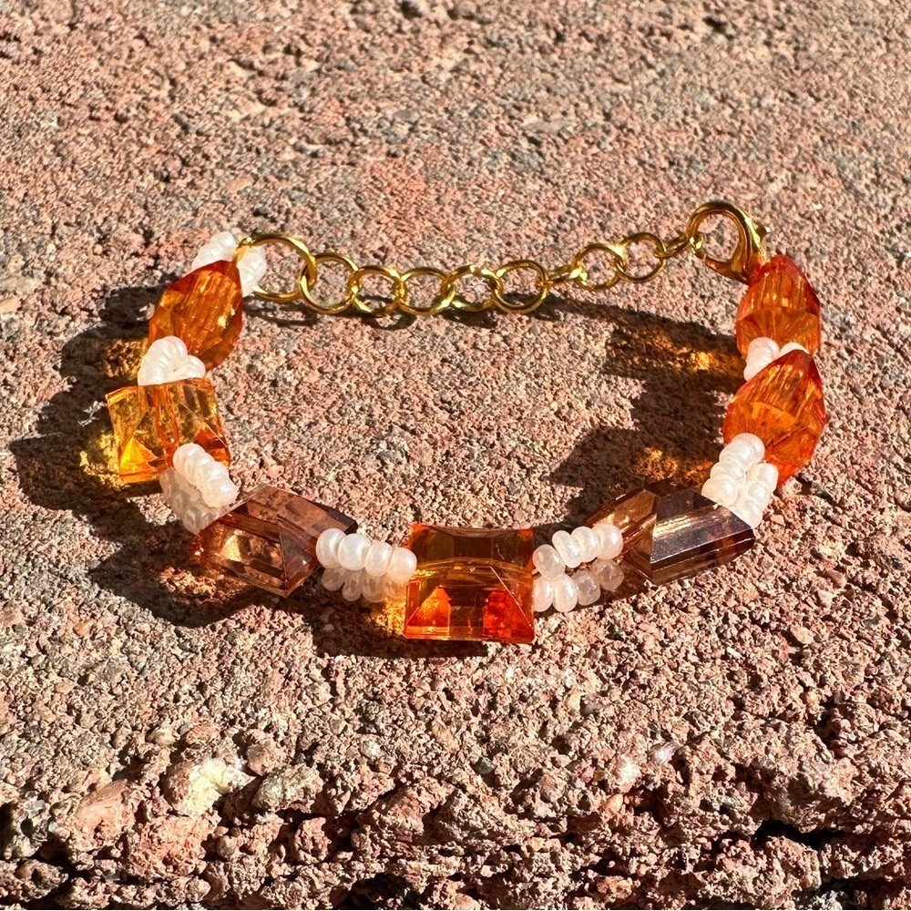 Handmade Orange, Brown, & Cream Square Adjustable Bracelet w Gold Colored Clasp